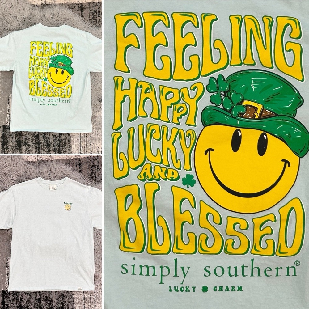 Simply Southern SS T-Shirt Men's St Patricks Day Feeling Happy Lucky Size Large